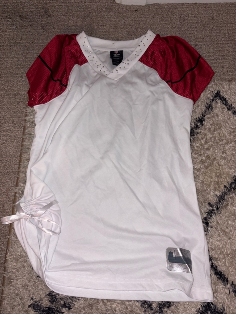 NFL White V-Neck Jersey with Red Cap Sleeves and Rhinestone Collar